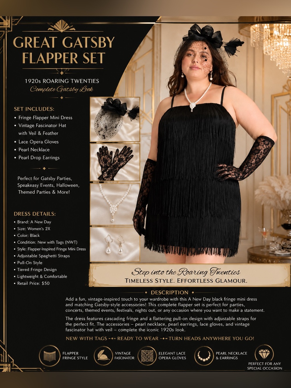 A New Day 2X Black Fringe Flapper Dress Gatsby Hat Gloves Pearls Set NWT